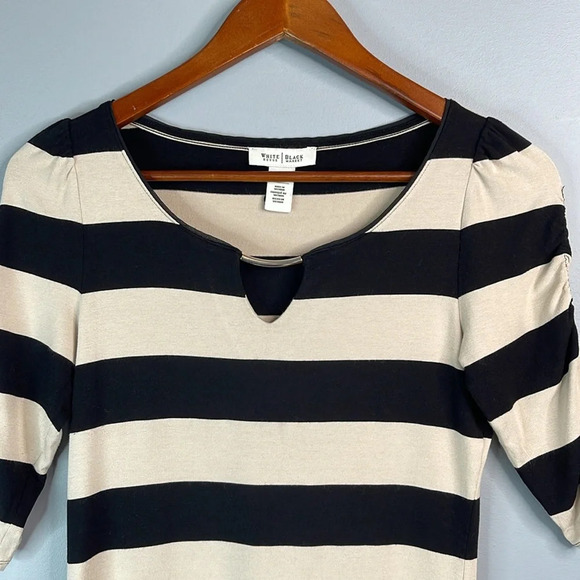 WHITE HOUSE BLACK MARKET Y2K Striped Keyhole Top Black Tan Half Ruched Sleeve XS - Picture 3 of 12
